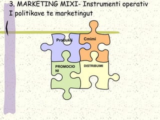 3. MARKETING MIX I -  Instrumenti operativ I politikave te marketingut Cmimi DISTRIBU IMI PROMOC IONI P rodukti 