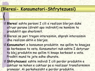 ( Bleresi-   Konsumatori-Shfrytezuesi ) Bleresi   e shte personi I cili e realizon blerjen duke ofruar parane (direkt apo indirekt) ne kembim te produktit apo sherbimit.  Bleresi se pari tregon interesimin, shpreh interesimin dhe realizon aktin e blerjes . Konsumatori   e konsumon produktin  me qellim te knaqjes se kerkesave te veta. Konsumatori nuk eshte I detyruar ta blej produktin me qellim ti knaqe kerkesat e veta. Prodkti mund te jete edhe dhurate. Shfrytezuesi   e shte individi I cili perdor produktin   e caktuar ne kohen e caktuar pa e realizuar transformimin pronesor. Ai perkohesisht e perdor produktin . 