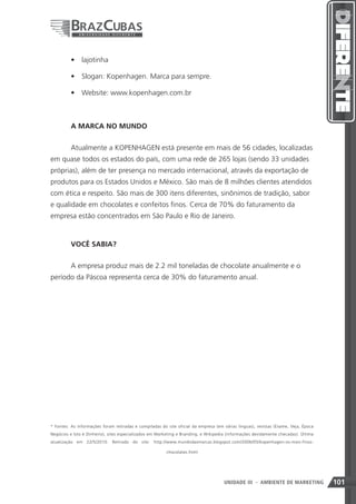 •	 lajotinha

          •	 Slogan: Kopenhagen. Marca para sempre.

          •	 Website: www.kopenhagen.com.br



          A MARCA NO MUNDO


          Atualmente a KOPENHAGEN está presente em mais de 56 cidades, localizadas
em quase todos os estados do país, com uma rede de 265 lojas (sendo 33 unidades
próprias), além de ter presença no mercado internacional, através da exportação de
produtos para os Estados Unidos e México. São mais de 8 milhões clientes atendidos
com ética e respeito. São mais de 300 itens diferentes, sinônimos de tradição, sabor
e qualidade em chocolates e confeitos finos. Cerca de 70% do faturamento da
empresa estão concentrados em São Paulo e Rio de Janeiro.


          VOCÊ SABIA?


          A empresa produz mais de 2.2 mil toneladas de chocolate anualmente e o
período da Páscoa representa cerca de 30% do faturamento anual.




* Fontes: As informações foram retiradas e compiladas do site oficial da empresa (em várias línguas), revistas (Exame, Veja, Época
Negócios e Isto é Dinheiro), sites especializados em Marketing e Branding, e Wikipedia (informações devidamente checadas). Última
atualização em 22/5/2010. Retirado do site: http://www.mundodasmarcas.blogspot.com/2006/05/kopenhagen-os-mais-finos-

                                                         chocolates.html




                                                                                             101
                                                                                     UNIDADE III - AMBIENTE DE MARKETING             101
 