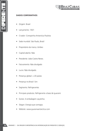 DADOS CORPORATIVOS



               •	 Origem: Brasil


               •	 Lançamento: 1921


               •	 Criador: Companhia Antarctica Paulista


               •	 Sede mundial: São Paulo, Brasil


               •	 Proprietário da marca: Ambev


               •	 Capital aberto: Não


               •	 Presidente: João Castro Neves


               •	 Faturamento: Não divulgado


               •	 Lucro: Não divulgado


               •	 Presença global: + 20 países


               •	 Presença no Brasil: Sim


               •	 Segmento: Refrigerantes


               •	 Principais produtos: Refrigerante a base de guaraná


               •	 Ícones: A embalagem caçulinha


               •	 Slogan: Energia que contagia.

               •	 Website: www.guaranaantarctica.com




50   UNIDADE I - DA ORIGEM À IMPORTÂNCIA DA DIFERENCIAÇÃO DE PRODUTOS E SERVIÇOS
 