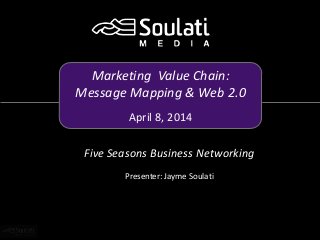 Marketing Value Chain:
Message Mapping & Web 2.0
April 8, 2014
Five Seasons Business Networking
Presenter: Jayme Soulati
 