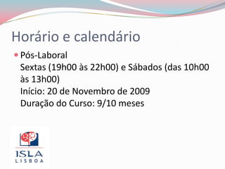 Motivação, proactividade e orientação por objectivos, são factores críticos de sucessoObjectivosProporcionar aos candidatos conhecimentos, técnicas e oportunidades de treino que lhes permitam participar com sucesso em processos de vendas e negociação 