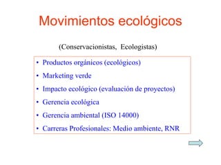 Movimientos ecológicos
(Conservacionistas, Ecologistas)
• Productos orgánicos (ecológicos)
• Marketing verde
• Impacto ecológico (evaluación de proyectos)
• Gerencia ecológica
• Gerencia ambiental (ISO 14000)
• Carreras Profesionales: Medio ambiente, RNR
 