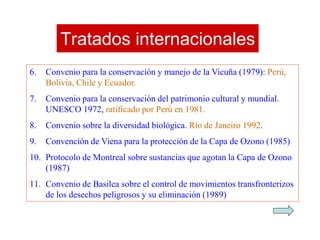 Tratados internacionales
6. Convenio para la conservación y manejo de la Vicuña (1979): Perú,
Bolivia, Chile y Ecuador.
7. Convenio para la conservación del patrimonio cultural y mundial.
UNESCO 1972, ratificado por Perú en 1981.
8. Convenio sobre la diversidad biológica. Río de Janeiro 1992.
9. Convención de Viena para la protección de la Capa de Ozono (1985)
10. Protocolo de Montreal sobre sustancias que agotan la Capa de Ozono
(1987)
11. Convenio de Basilea sobre el control de movimientos transfronterizos
de los desechos peligrosos y su eliminación (1989)
 