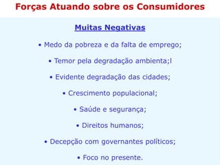 Muitas Negativas
• Medo da pobreza e da falta de emprego;
• Temor pela degradação ambienta;l
• Evidente degradação das cidades;
• Crescimento populacional;
• Saúde e segurança;
• Direitos humanos;
• Decepção com governantes políticos;
• Foco no presente.
Forças Atuando sobre os Consumidores
 
