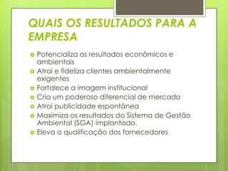 QUAIS OS RESULTADOS PARA A EMPRESAPotencializa os resultados econômicos e ambientaisAtrai e fideliza clientes ambientalmente exigentesFortalece a imagem institucionalCria um poderoso diferencial de mercadoAtrai publicidade espontâneaMaximiza os resultados do Sistema de Gestão Ambiental (SGA) implantado.Eleva a qualificação dos fornecedores