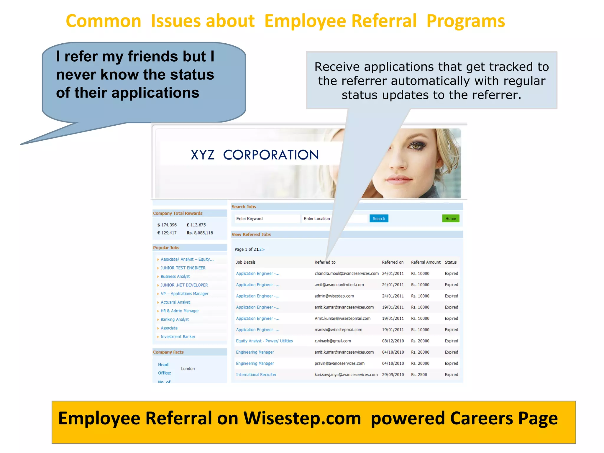 Common  Issues about  Employee Referral  Programs I refer my friends but I never know the status of their applications Employee Referral on Wisestep.com  powered Careers Page Receive applications that get tracked to the referrer automatically with regular status updates to the referrer. XYZ  CORPORATION 