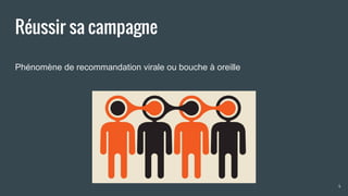 Réussir sa campagne
Phénomène de recommandation virale ou bouche à oreille
4
 