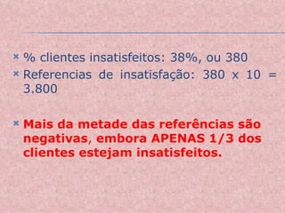 % clientes insatisfeitos: 38%, ou 380 Referencias de insatisfação: 380 x 10 = 3.800 Mais da metade das referências são negativas ,  embora APENAS 1/3 dos clientes estejam insatisfeitos. 