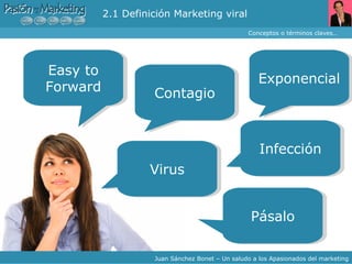 2.1 Definición Marketing viral Conceptos o términos claves… Juan Sánchez Bonet – Un saludo a los Apasionados del marketing Easy to Forward Contagio Virus Exponencial Infección Pásalo 