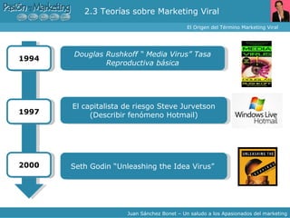 2.3 Teorías sobre Marketing Viral  El Origen del Término Marketing Viral Juan Sánchez Bonet – Un saludo a los Apasionados del marketing Douglas Rushkoff “ Media Virus” Tasa Reproductiva básica El capitalista de riesgo Steve Jurvetson (Describir fenómeno Hotmail) 1994 1997 2000 Seth Godin “Unleashing the Idea Virus”  