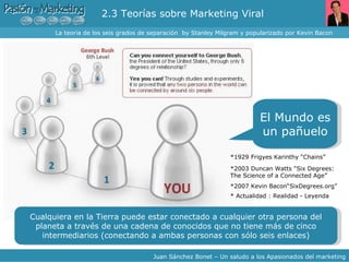 2.3 Teorías sobre Marketing Viral  La teoria de los seis grados de separación  by Stanley Milgram y popularizado por Kevin Bacon  Juan Sánchez Bonet – Un saludo a los Apasionados del marketing Cualquiera en la Tierra puede estar conectado a cualquier otra persona del planeta a través de una cadena de conocidos que no tiene más de cinco intermediarios (conectando a ambas personas con sólo seis enlaces) El Mundo es un pañuelo *1929 Frigyes Karinthy “Chains”  *2003 Duncan Watts   "Six Degrees: The Science of a Connected Age”  * Actualidad : Realidad - Leyenda   *2007 Kevin Bacon“SixDegrees.org” 