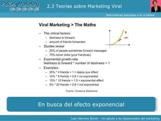 2.3 Teorías sobre Marketing Viral  Matemáticas aplicadas a la viralidad Juan Sánchez Bonet – Un saludo a los Apasionados del marketing En busca del efecto exponencial Fuente: Emakina Slideshare 
