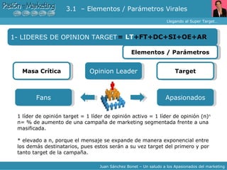 Llegando al Super Target… Juan Sánchez Bonet – Un saludo a los Apasionados del marketing 1- LIDERES DE OPINION TARGET =  LT +FT+DC+SI+OE+AR Elementos / Parámetros 1 líder de opinión target = 1 líder de opinión activo = 1 líder de opinión (n) n n= % de aumento de una campaña de marketing segmentada frente a una masificada.  * elevado a n, porque el mensaje se expande de manera exponencial entre los demás destinatarios, pues estos serán a su vez target del primero y por tanto target de la campaña.  Opinion Leader Masa Crítica Target Fans Apasionados 3.1  – Elementos / Parámetros Virales 