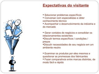 Expectativas do visitante Solucionar problemas específicos Conversar com especialistas e obter conhecimento técnico Acompanhar o desenvolvimento da indústria e do mercado Gerar contatos de negócios e consolidar os relacionamentos existentes Discutir termos específicos / condições / preços  Discutir necessidades de seu negócio em um ambiente neutro Examinar os produtos por eles mesmos e questionar as promessas dos fabricantes Fazer comparativos entre marcas distintas, de modo fácil e rápido 