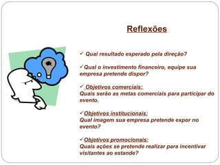 Reflexões Qual resultado esperado pela direção? Qual o investimento financeiro, equipe sua empresa pretende dispor? Objetivos comerciais:  Quais serão as metas comerciais para participar do evento. Objetivos institucionais: Qual imagem sua empresa pretende expor no evento? Objetivos promocionais: Quais ações se pretende realizar para incentivar visitantes ao estande? 