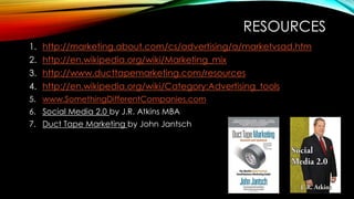 RESOURCES 
1.http://marketing.about.com/cs/advertising/a/marketvsad.htm 
2.http://en.wikipedia.org/wiki/Marketing_mix 
3.h...