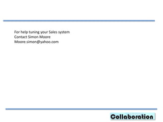 For help tuning your Sales system
Contact Simon Moore
Moore.simon@yahoo.com
 