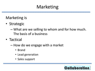 Marketing
Marketing is
• Strategic
– What are we selling to whom and for how much.
The basis of a business
• Tactical
– How do we engage with a market
• Brand
• Lead generation
• Sales support
 