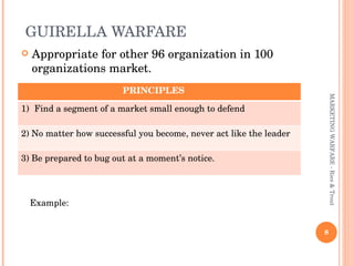 GUIRELLA WARFARE  <ul><li>Appropriate for other 96 organization in 100 organizations market. </li></ul>MARKETING WARFARE -...