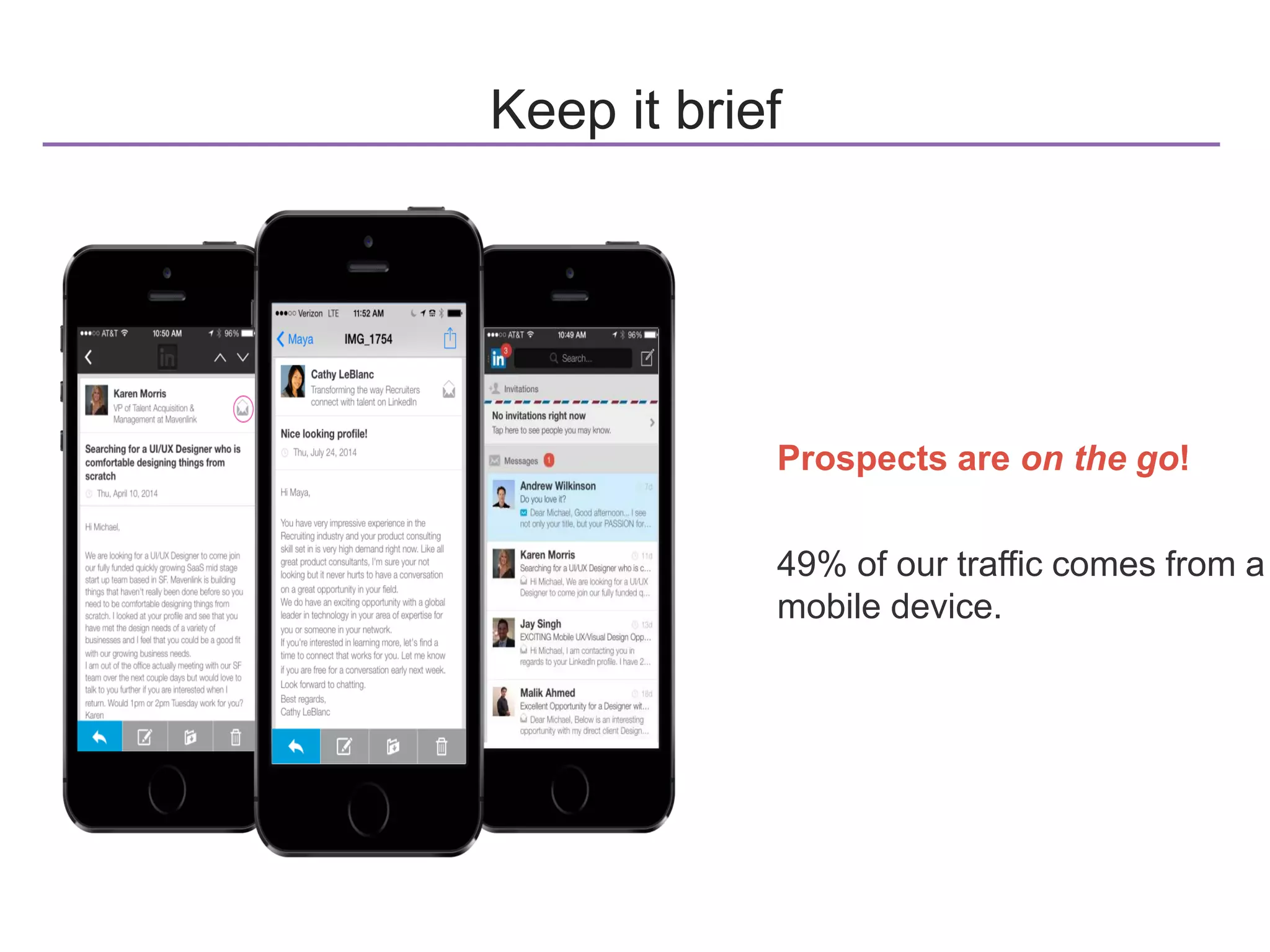Keep it brief
Prospects are on the go!
49% of our traffic comes from a
mobile device.
 