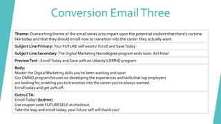 Conversion EmailThree
Theme: Overarching theme of the email series is to impart upon the potential student that there’s no time
like today and that they should enroll now to transition into the career they actually want.
Subject Line Primary: Your FUTURE self awaits! Enroll and SaveToday
Subject Line Secondary:The Digital Marketing Nanodegree program ends soon. Act Now!
PreviewText : EnrollToday and Save 20% on Udacity’s DMND program
Body:
Master the Digital Marketing skills you've been wanting and save!
Our DMND program focuses on developing the experiences and skills that top employers
are looking for, enabling you to transition into the career you've always wanted.
Enroll today and get 20% off.
OutroCTA:
EnrollToday! (button)
Use coupon code FUTURESELF at checkout.
Take the leap and enroll today, your future self will thank you!
 