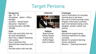 Target Persona
Background
Age – 25 - 35
Occupation – Admin / Office
Manager
Location – United States
Education – Bachelor’s
Income Annually -$45,000 -
$55,000
CAROLINA Challenges
Lack of motivation for everyday
learning due to job hours.
Not sure if online learning is best.
Program information overload.
Split time between being a wife,
daughter, worker, mother and
learner.
Goals
Gain real word skills that can
be used immediately.
Move into a digital marketing
role quickly.
Have a portfolio that
demonstrates experience and
skills.
Increase salary with new job.
Hobbies
Board Games
Coffee Fanatic
Family Time
Netflix Binger
Loves to Dance
Needs
Educational support group
Practical experience to apply
concepts.
Mentor for projects/learning
Career assistance
Resume / Coaching assistance
 