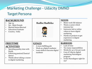 Marketing Challenge - Udacity DMND
BACKGROUND
• Age-29
• Sex : Male/Female
• Marital Status:Married
• Education:Graduate
• Country : India
Radhe/Radhika
NEEDS
• Better work life balance
• Wants a career which
interests her
• Instructor led or online
videos to learn digital
marketing
• Hands on projects to get
experience in digital
marketing
FREETIME
ACTIVITIES
• Spending quality time with
family
• Following passion(Classical
dance)
• Thinks about taking a course
in digital marketing
GOALS
• A more fulfilling job
• Work as a digital marketer
• Learn skills to become digital
marketer
BARRIERS
• Lack of time
• Too many responsibilties
• Works for 40-0 hrs per week
• Cost of Udacity digital
marketing Nanodegree
program
• Is this Nanodegree right for
me?
TargetPersona
 