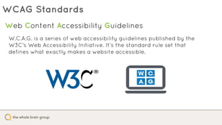 WCAG Standards
W.C.A.G. is a series of web accessibility guidelines published by the
W3C's Web Accessibility Initiative. I...