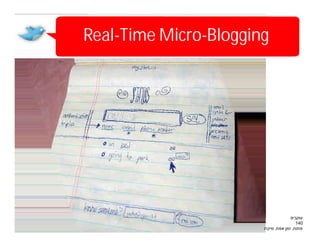 ‫‪Real-Time Micro-Blogging‬‬
     ‫ורה, לוי דווא‬




                                     ‫עוקבים‬
                                        ‫041‬
                       ‫פתוח, זמן אמת, מיקרו‬
 