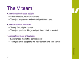 The V team A small team of ideas people Super-creative, multi-disciplinary Their job: engage with client and generate ideas A crack team of producers Young, fast, digital natives Their job: produce things and get them into the market A disciplined team of tacticians Experienced marketing campaigners Their job: drive people to the new content and vice versa 