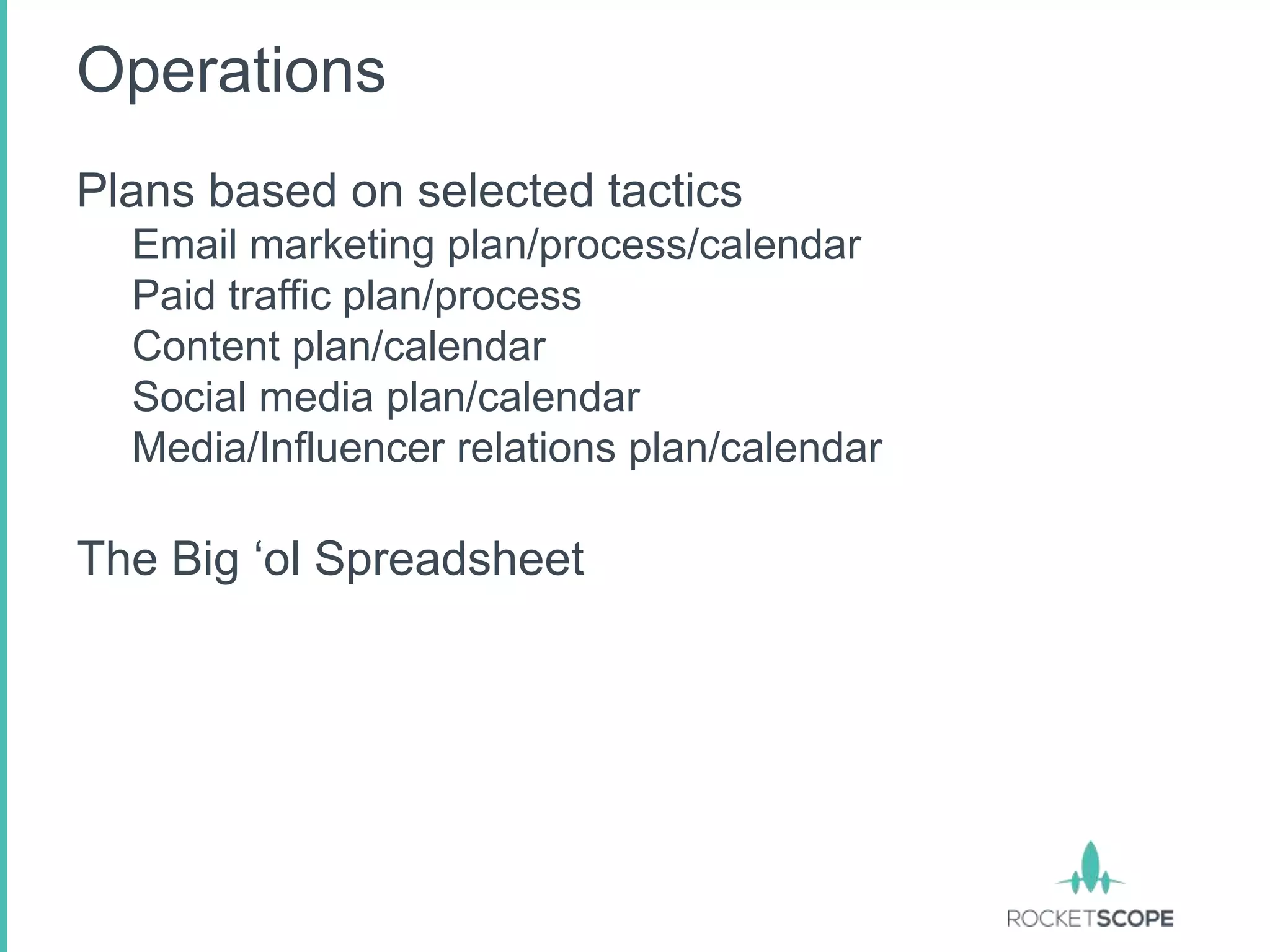 Operations
Plans based on selected tactics
  Email marketing plan/process/calendar
  Paid traffic plan/process
  Content plan/calendar
  Social media plan/calendar
  Media/Influencer relations plan/calendar

The Big „ol Spreadsheet
 