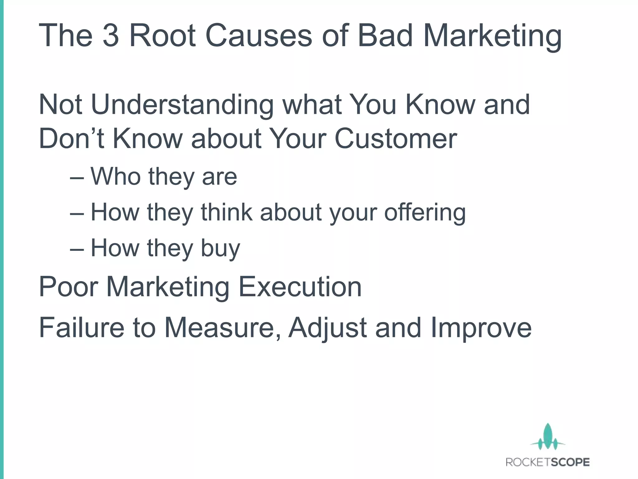 The 3 Root Causes of Bad Marketing

Not Understanding what You Know and
Don‟t Know about Your Customer
  – Who they are
  – How they think about your offering
  – How they buy
Poor Marketing Execution
Failure to Measure, Adjust and Improve
 