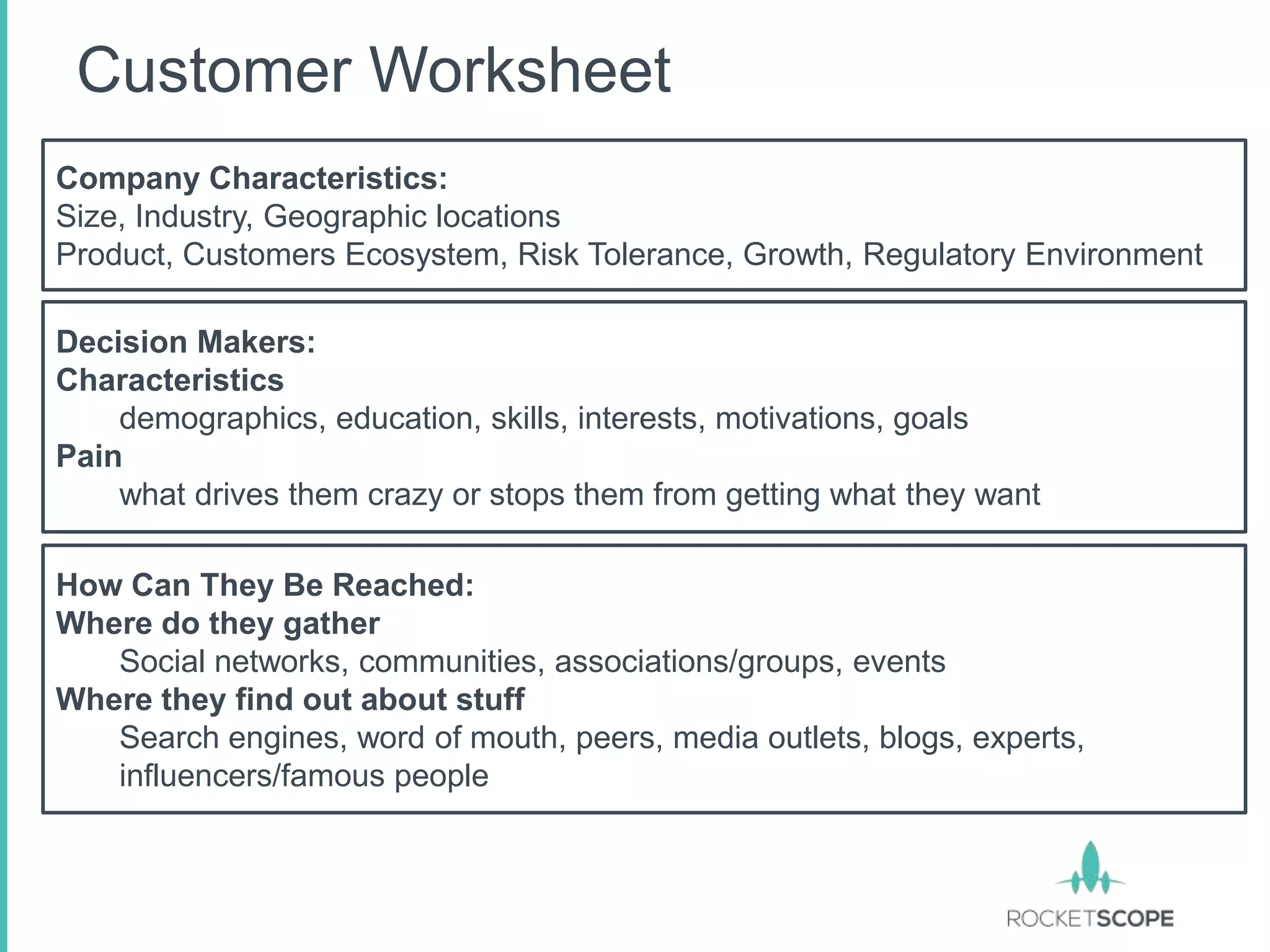 Customer Worksheet
Company Characteristics:
Size, Industry, Geographic locations
Product, Customers Ecosystem, Risk Tolerance, Growth, Regulatory Environment

Decision Makers:
Characteristics
    demographics, education, skills, interests, motivations, goals
Pain
    what drives them crazy or stops them from getting what they want

How Can They Be Reached:
Where do they gather
   Social networks, communities, associations/groups, events
Where they find out about stuff
   Search engines, word of mouth, peers, media outlets, blogs, experts,
   influencers/famous people
 