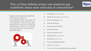 Pero ¿Cómo debería actuar una empresa que
realmente desea estar enfocada al consumidor?
a) Necesidades del consumidor
b) Estudio de mercado para conocerlas
c) Plan de Marketing Previo
d) Toma de decisiones
e) Preparación de Productos
f) Fabricación Piloto
g) Prueba en mercado Piloto
h) Modificaciones de la prueba
i) Producción a gran escala
j) Plan de Marketing definitivo
k) Venta al consumidor
l) Vuelta al principio (necesidades del consumidor)
• Según este esquema partimos
de la base de que el
consumidor tiene una serie de
necesidades Para conocer qué
necesidades no tiene cubiertas
deberemos realizar un estudio
de mercado que nos permita
identificarlas.
 