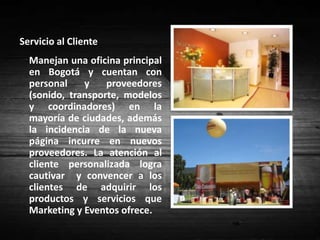 Modelo de Marketing1. RETENCIÓN 	Marketing & Eventos cuenta con diferentes maneras para hacer que una vez se terminen los eventos, los clientes sigan haciendo parte de su portafolio. Entre estas encontramos aspectos muy importantes en la fidelización y el servicio post venta.