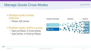 Manage Quota Cross Modes
• Multiple modes of data
collection
• Phone, IVR, Online
• Multiple modes within a survey
• Start on Phone → Finish Online
• Start Online → Finish on Phone
6/20/2017 Copyright 2017| Survox, Inc. 24
 