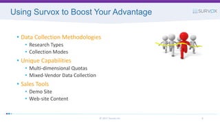 Using Survox to Boost Your Advantage
• Data Collection Methodologies
• Research Types
• Collection Modes
• Unique Capabilities
• Multi-dimensional Quotas
• Mixed-Vendor Data Collection
• Sales Tools
• Demo Site
• Web-site Content
© 2017 Survox Inc. 4
 