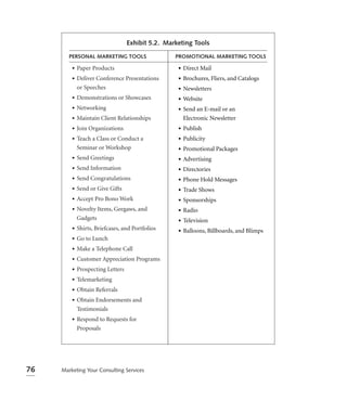 Exhibit 5.2. Marketing Tools

        PERSONAL MARKETING TOOLS                 PROMOTIONAL MARKETING TOOLS

         • Paper Products                         • Direct Mail
         • Deliver Conference Presentations       • Brochures, Fliers, and Catalogs
           or Speeches                            • Newsletters
         • Demonstrations or Showcases            • Website
         • Networking                             • Send an E-mail or an
         • Maintain Client Relationships            Electronic Newsletter
         • Join Organizations                     • Publish
         • Teach a Class or Conduct a             • Publicity
           Seminar or Workshop                    • Promotional Packages
         • Send Greetings                         • Advertising
         • Send Information                       • Directories
         • Send Congratulations                   • Phone Hold Messages
         • Send or Give Gifts                     • Trade Shows
         • Accept Pro Bono Work                   • Sponsorships
         • Novelty Items, Geegaws, and            • Radio
           Gadgets                                • Television
         • Shirts, Briefcases, and Portfolios     • Balloons, Billboards, and Blimps
         • Go to Lunch
         • Make a Telephone Call
         • Customer Appreciation Programs
         • Prospecting Letters
         • Telemarketing
         • Obtain Referrals
         • Obtain Endorsements and
           Testimonials
         • Respond to Requests for
           Proposals




76   Marketing Your Consulting Services
 