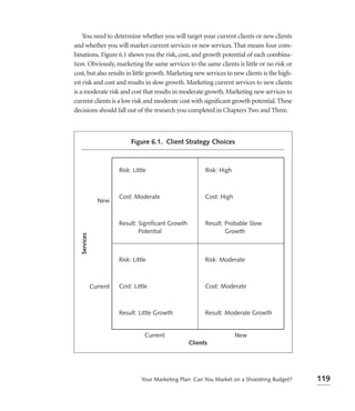 You need to determine whether you will target your current clients or new clients
and whether you will market current services or new services. That means four com-
binations. Figure 6.1 shows you the risk, cost, and growth potential of each combina-
tion. Obviously, marketing the same services to the same clients is little or no risk or
cost, but also results in little growth. Marketing new services to new clients is the high-
est risk and cost and results in slow growth. Marketing current services to new clients
is a moderate risk and cost that results in moderate growth. Marketing new services to
current clients is a low risk and moderate cost with signiﬁcant growth potential. These
decisions should fall out of the research you completed in Chapters Two and Three.



                             Figure 6.1. Client Strategy Choices



                        Risk: Little                       Risk: High



                        Cost: Moderate                     Cost: High
                New


                        Result: Significant Growth         Result: Probable Slow
                                Potential                          Growth
   Services




                        Risk: Little                       Risk: Moderate



              Current   Cost: Little                       Cost: Moderate



                        Result: Little Growth              Result: Moderate Growth


                                   Current                              New
                                                     Clients




                                  Your Marketing Plan: Can You Market on a Shoestring Budget?   119
 