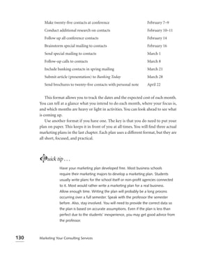 Make twenty-ﬁve contacts at conference                           February 7–9
         Conduct additional research on contacts                           February 10–11
         Follow up all conference contacts                                February 14
         Brainstorm special mailing to contacts                            February 16
         Send special mailing to contacts                                  March 1
         Follow-up calls to contacts                                      March 8
         Include banking contacts in spring mailing                        March 21
         Submit article (presentation) to Banking Today                    March 28
         Send brochures to twenty-ﬁve contacts with personal note          April 22


          This format allows you to track the dates and the expected cost of each month.
      You can tell at a glance what you intend to do each month, where your focus is,
      and which months are heavy or light in activities. You can look ahead to see what
      is coming up.
          Use another format if you have one. The key is that you do need to put your
      plan on paper. This keeps it in front of you at all times. You will ﬁnd three actual
      marketing plans in the last chapter. Each plan uses a different format, but they are
      all short, focused, and practical.




      Luick tip . . .
                  Have your marketing plan developed free. Most business schools
                  require their marketing majors to develop a marketing plan. Students
                  usually write plans for the school itself or non-proﬁt agencies connected
                  to it. Most would rather write a marketing plan for a real business.
                  Allow enough time. Writing the plan will probably be a long process
                  occurring over a full semester. Speak with the professor the semester
                  before. Also, stay involved. You will need to provide the correct data so
                  the plan is based on accurate assumptions. Even if the plan is less than
                  perfect due to the students’ inexperience, you may get good advice from
                  the professor.



130   Marketing Your Consulting Services
 
