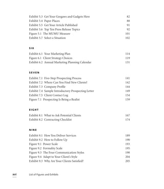 Exhibit 5.3 Get Your Geegaws and Gadgets Here         82
      Exhibit 5.4 Paper Places                              88
      Exhibit 5.5 Get Your Article Published                91
      Exhibit 5.6 Top Ten Press Release Topics              92
      Figure 5.1 The MUMU Measure                          101
      Exhibit 5.7 Select a Situation                       102


      SIX

      Exhibit 6.1 Your Marketing Plan                      114
      Figure 6.1 Client Strategy Choices                   119
      Exhibit 6.2 Annual Marketing Planning Calendar       131


      SEVEN

      Exhibit 7.1 Five-Step Prospecting Process            141
      Exhibit 7.2 Where Can You Find New Clients?          142
      Exhibit 7.3 Company Proﬁle                           144
      Exhibit 7.4 Sample Introductory Prospecting Letter   149
      Exhibit 7.5 Client Contact Log                       154
      Figure 7.1 Prospecting Is Being a Realist            159


      EIGHT

      Exhibit 8.1 What to Ask Potential Clients            167
      Exhibit 8.2 Contracting Checklist                    174


      NINE

      Exhibit 9.1 How You Deliver Services                 189
      Exhibit 9.2 How to Follow Up                         190
      Figure 9.1 Power Scale                               193
      Figure 9.2 Formality Scale                           195
      Figure 9.3 The Four Communication Styles             198
      Figure 9.4 Adapt to Your Client’s Style              204
      Exhibit 9.3 Why Are Your Clients Satisﬁed?           205



xvi   List of Figures and Exhibits
 