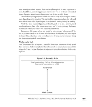 time making decisions; at other times you may be required to make a quick deci-
sion. In addition, consulting projects may require you to be detail-oriented at
times; they may require you to focus on the big picture at other times.
   The most successful people are ﬂexible and able to easily move along the contin-
uum depending on the situation. This is critical for you as a consultant. You will need
to be able to move often depending on each client with whom you may be working.
   While the most successful people are flexible, each of us has a favorite, most
comfortable spot. Take a few moments to place an “x” at the point on the Power
Continuum where you believe you are most comfortable.
   Remember, this means where you would be when you are being yourself. We
are all a combination of all of these characteristics. Yet when no one is asking us
to be anything other than what we really are, we all have one favorite spot along
the continuum that feels natural to us.

The Formality Scale
The “Formality Scale” in Figure 9.2 identiﬁes the vertical continuum. While we all
have emotions, the Formality Scale reﬂects how much of our emotions we exhibit to
others. Let’s take a look at the characteristics on the vertical continuum, the Formal-
ity Scale.


                           Figure 9.2. Formality Scale

                 We all have emotions. The level of formality describes
                        how much of our emotions we exhibit.

                                     Task Oriented




                                   People Oriented



             A Client in Hand Is Worth Ten in Your Plan: Will Your Clients Market for You?   195
 