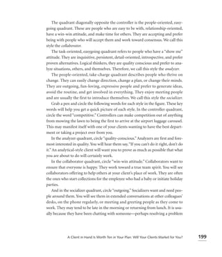 The quadrant diagonally opposite the controller is the people-oriented, easy-
going quadrant. These are people who are easy to be with, relationship-oriented,
have a win-win attitude, and make time for others. They are accepting and prefer
being with people who will accept them and work toward consensus. We call this
style the collaborator.
    The task-oriented, easygoing quadrant refers to people who have a “show me”
attitude. They are inquisitive, persistent, detail-oriented, introspective, and prefer
proven alternatives. Logical thinkers, they are quality conscious and prefer to ana-
lyze situations, others, and themselves. Therefore, we call this style the analyzer.
    The people-oriented, take-charge quadrant describes people who thrive on
change. They can easily change direction, change a plan, or change their minds.
They are outgoing, fun-loving, expressive people and prefer to generate ideas,
avoid the routine, and get involved in everything. They enjoy meeting people
and are usually the first to introduce themselves. We call this style the socializer.
    Grab a pen and circle the following words for each style in the ﬁgure. These key
words will help you get a quick picture of each style. In the controller quadrant,
circle the word “competitive.” Controllers can make competition out of anything
from mowing the lawn to being the ﬁrst to arrive at the airport luggage carousel.
This may manifest itself with one of your clients wanting to have the best depart-
ment or taking a project over from you.
    In the analyzer quadrant, circle “quality-conscious.” Analyzers are ﬁrst and fore-
most interested in quality. You will hear them say, “If you can’t do it right, don’t do
it.” An analytical-style client will want you to prove as much as possible that what
you are about to do will certainly work.
    In the collaborator quadrant, circle “win-win attitude.” Collaborators want to
ensure that everyone is happy. They work toward a true team spirit. You will see
collaborators offering to help others at your client’s place of work. They are often
the ones who start collections for the employee who had a baby or initiate holiday
parties.
    And in the socializer quadrant, circle “outgoing.” Socializers want and need peo-
ple around them. You will see them in extended conversations at other colleagues’
desks, on the phone regularly, or meeting and greeting people as they come to
work. They may tend to be late in the morning or returning from lunch. It is usu-
ally because they have been chatting with someone—perhaps resolving a problem




             A Client in Hand Is Worth Ten in Your Plan: Will Your Clients Market for You?   199
 
