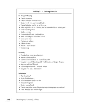 Exhibit 12.1. Getting Unstuck

         Do Things Differently
          •   Visit a museum
          •   Take a different route to work
          •   Read a book you know you’ll hate
          •   Visit a building you’ve never been in
          •   Make a phone call to a friend you’ve not talked to in over a year
          •   Visit a kindergarten
          •   Go for a swim
          •   Listen to a different radio station
          •   Walk around your block backward
          •   Cross your eyes
          •   Visit an art gallery
          •   Take a shower
          •   Watch a silent movie
          •   Go dancing

         Visioning
          •   Think about your favorite sport
          •   See the task complete
          •   See the same situation in 1850 or in 2030
          •   Imagine yourself dancing with Fred Astaire or Ginger Rogers
          •   See yourself in a blizzard
          •   Envision yourself on a tropical island
          •   Imagine you are a millionaire

         Word Ideas
          •   Play Scrabble®
          •   Read the dictionary
          •   Read the sports page—or not
          •   Do a cryptogram
          •   Read a comic book
          •   Visit a magazine stand; buy three magazines you’ve never read
          •   Look through the Yellow Pages




248   Marketing Your Consulting Services
 