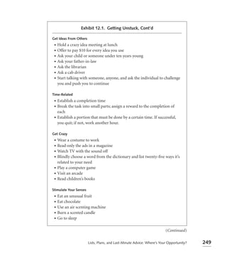 Exhibit 12.1. Getting Unstuck, Cont’d

Get Ideas From Others
 •   Hold a crazy idea meeting at lunch
 •   Offer to pay $10 for every idea you use
 •   Ask your child or someone under ten years young
 •   Ask your father-in-law
 •   Ask the librarian
 •   Ask a cab driver
 •   Start talking with someone, anyone, and ask the individual to challenge
     you and push you to continue

Time-Related
 • Establish a completion time
 • Break the task into small parts; assign a reward to the completion of
   each
 • Establish a portion that must be done by a certain time. If successful,
   you quit; if not, work another hour.

Get Crazy
 •   Wear a costume to work
 •   Read only the ads in a magazine
 •   Watch TV with the sound off
 •   Blindly choose a word from the dictionary and list twenty-ﬁve ways it’s
     related to your need
 •   Play a computer game
 •   Visit an arcade
 •   Read children’s books

Stimulate Your Senses
 •   Eat an unusual fruit
 •   Eat chocolate
 •   Use an air scenting machine
 •   Burn a scented candle
 •   Go to sleep

                                                                         (Continued)

                        Lists, Plans, and Last-Minute Advice: Where’s Your Opportunity?   249
 