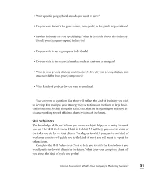 • What speciﬁc geographical area do you want to serve?


 • Do you want to work for government, non-proﬁt, or for-proﬁt organizations?


 • In what industry are you specializing? What is desirable about this industry?
   Should you change or expand industries?


 • Do you wish to serve groups or individuals?


 • Do you wish to serve special markets such as start-ups or mergers?


 • What is your pricing strategy and structure? How do your pricing strategy and
   structure differ from your competitors’?


 • What kinds of projects do you want to conduct?



    Your answers to questions like these will reﬂect the kind of business you wish
to develop. For example, your strategy may be to focus on medium to large ﬁnan-
cial institutions, located along the East Coast, that are facing mergers and need as-
sistance working toward efﬁcient, shared visions of the future.

Skill Preferences
The knowledge, skills, and talents you use on each job help you to enjoy the work
you do. The Skill Preferences Chart in Exhibit 2.2 will help you analyze some of
the tasks you do for various clients. The degree to which you prefer one kind of
work over another will guide you to the kind of work you will want to repeat for
other clients.
   Complete the Skill Preferences Chart to help you identify the kind of work you
would prefer to do with clients in the future. What does your completed chart tell
you about the kind of work you prefer?



                        Internal Assessment: What’s Your Company’s Marketing Success?   31
 