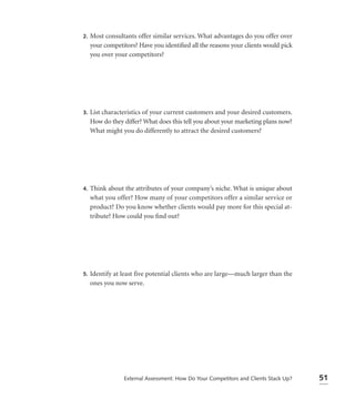 2.   Most consultants offer similar services. What advantages do you offer over
     your competitors? Have you identiﬁed all the reasons your clients would pick
     you over your competitors?




3.   List characteristics of your current customers and your desired customers.
     How do they differ? What does this tell you about your marketing plans now?
     What might you do differently to attract the desired customers?




4.   Think about the attributes of your company’s niche. What is unique about
     what you offer? How many of your competitors offer a similar service or
     product? Do you know whether clients would pay more for this special at-
     tribute? How could you ﬁnd out?




5.   Identify at least five potential clients who are large—much larger than the
     ones you now serve.




                 External Assessment: How Do Your Competitors and Clients Stack Up?   51
 