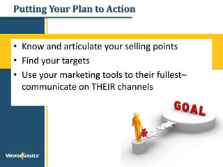 Putting Your Plan to Action
• Know and articulate your selling points
• Find your targets
• Use your marketing tools to their fullest–
communicate on THEIR channels
 