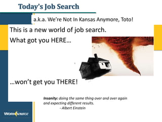 Today’s Job Search
a.k.a. We’re Not In Kansas Anymore, Toto!
This is a new world of job search.
What got you HERE…
…won’t get you THERE!
Insanity: doing the same thing over and over again
and expecting different results.
- Albert Einstein
 
